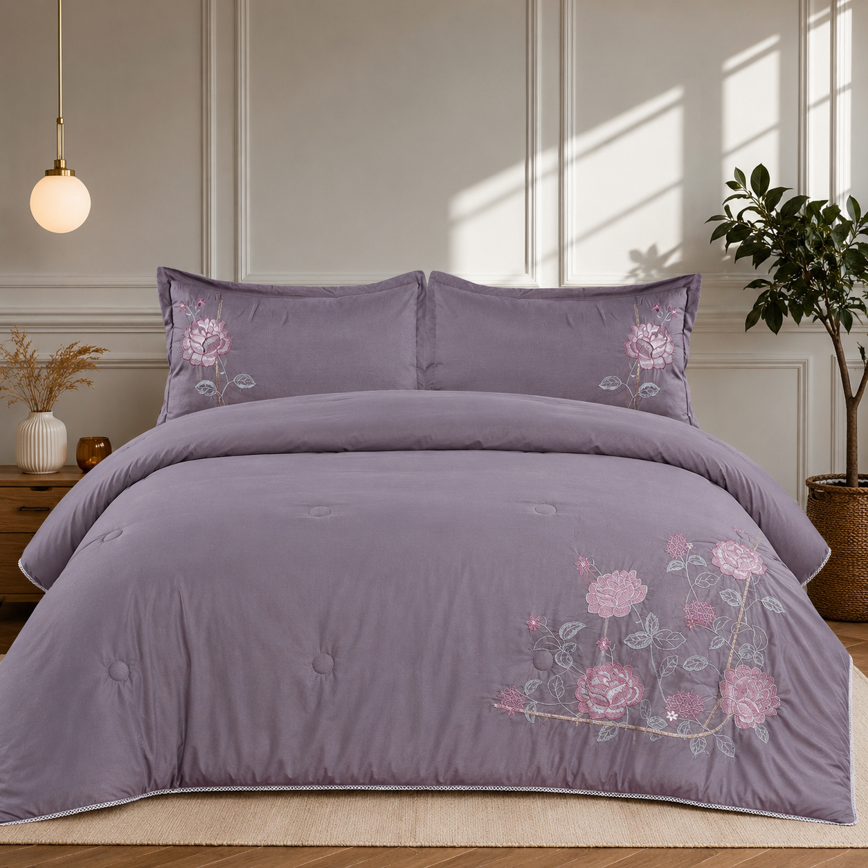 Lavender Bloom Smooth Cotton Fabric 4 Piece Bedding Set