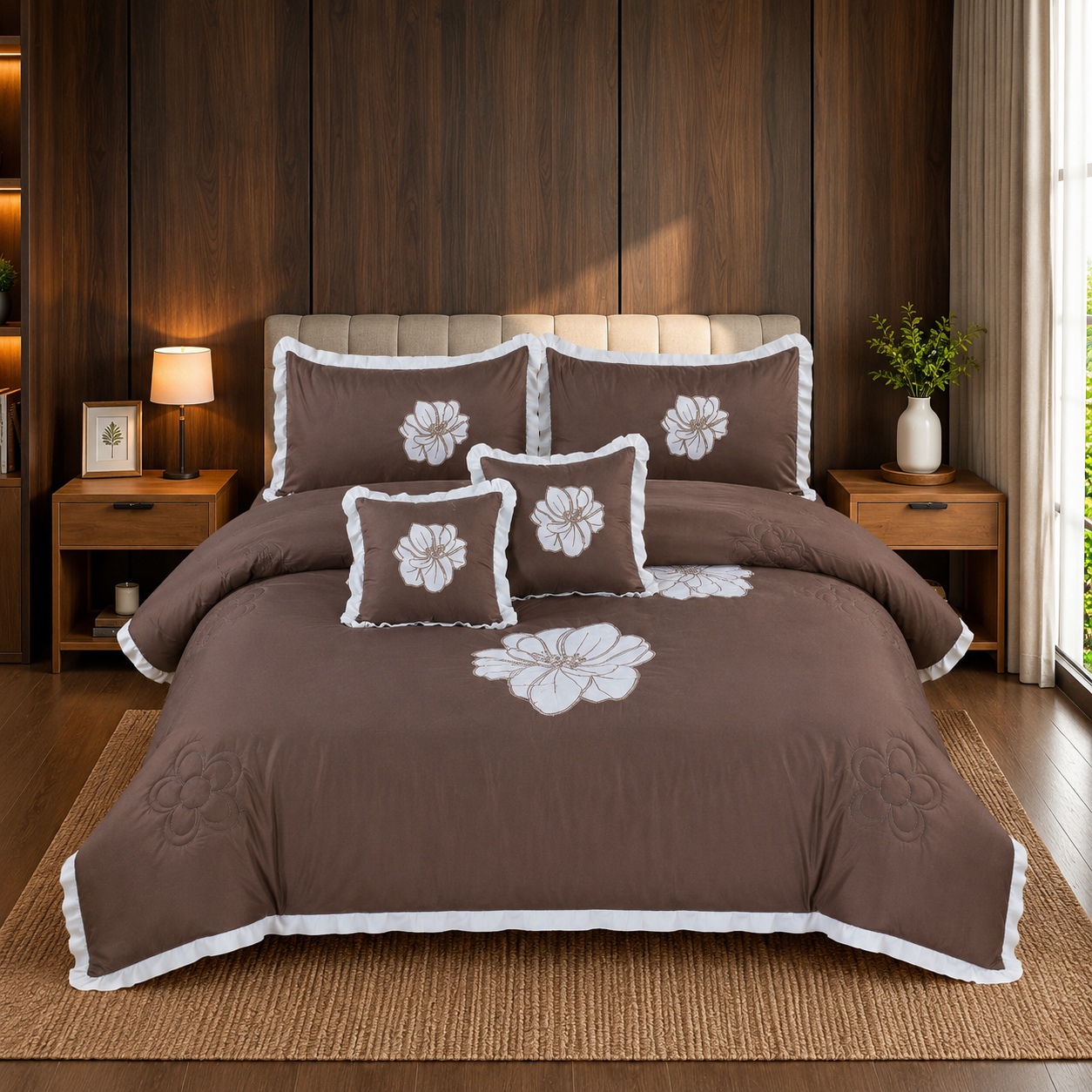 Cocoa Blossom Embroidered 6 Piece Bedding Set