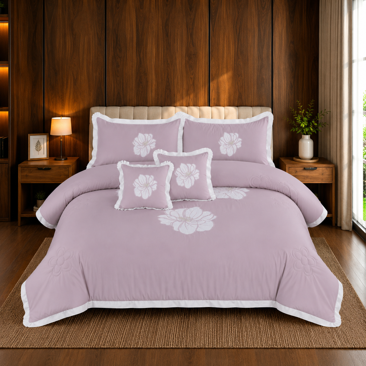 Soft Rose Embroidered 6 Piece Bedding Set