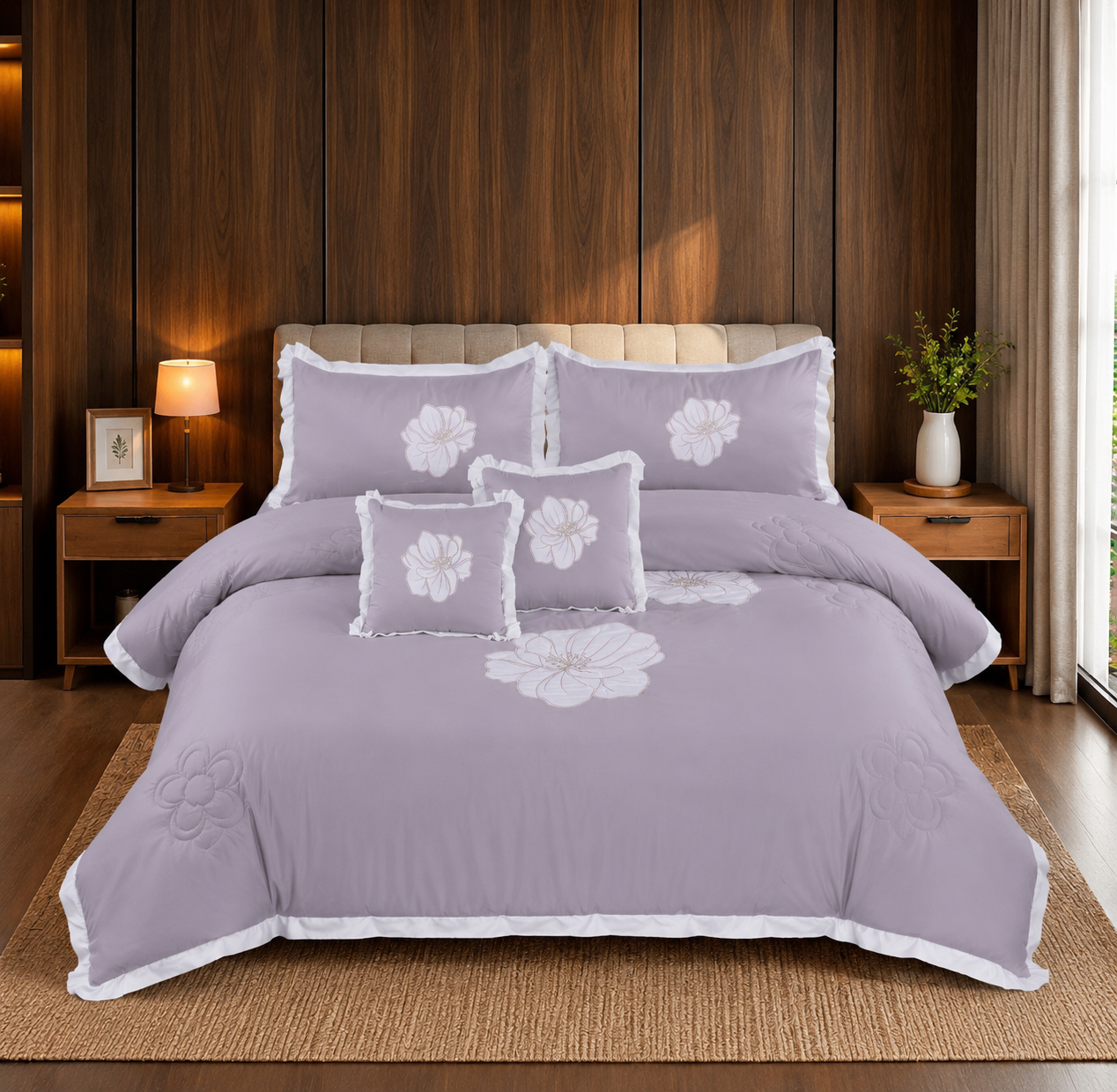 Lavender Elegance Embroidered 6 Piece Bedding Set