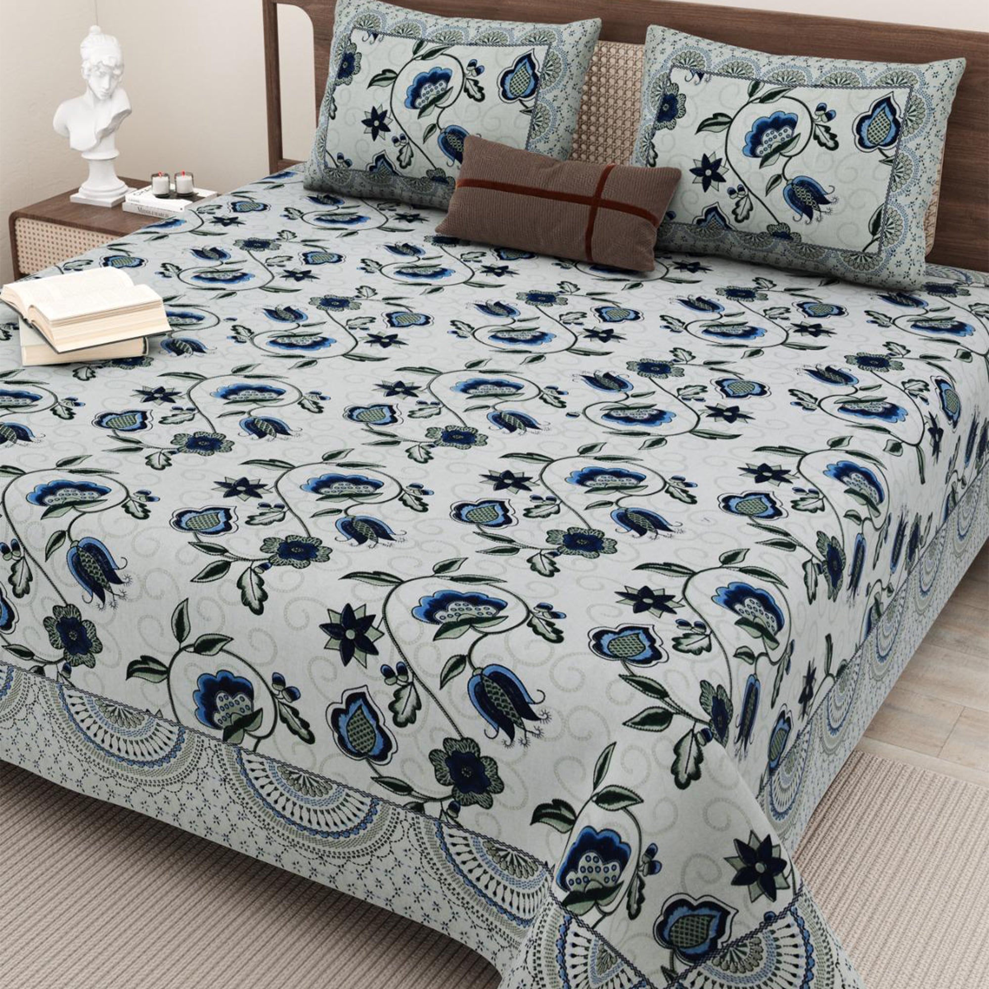 Cotton Hand Stitch Indigo Bloom Bedsheet Set