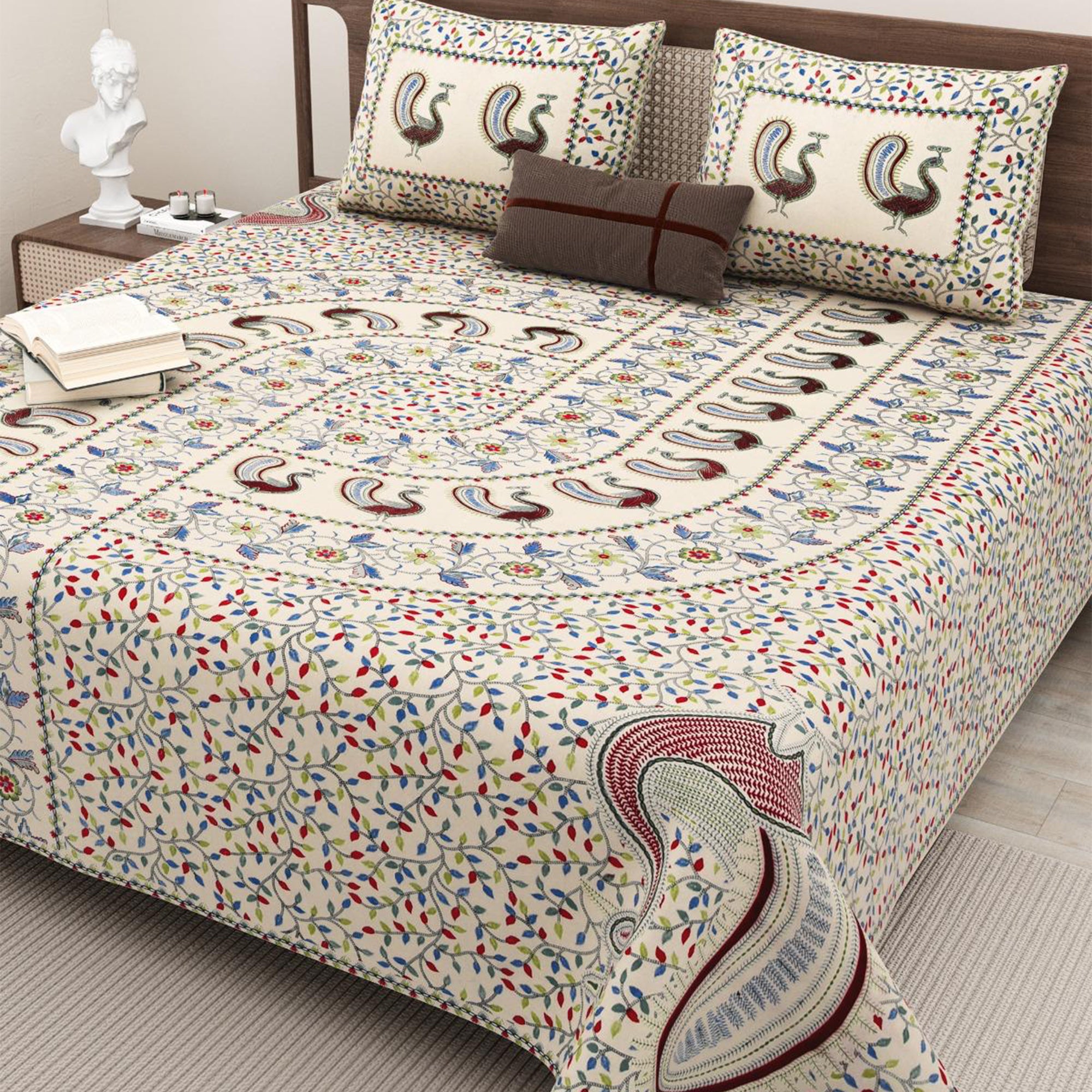 Cotton Hand Stitch Folk Peacock Bedsheet Set