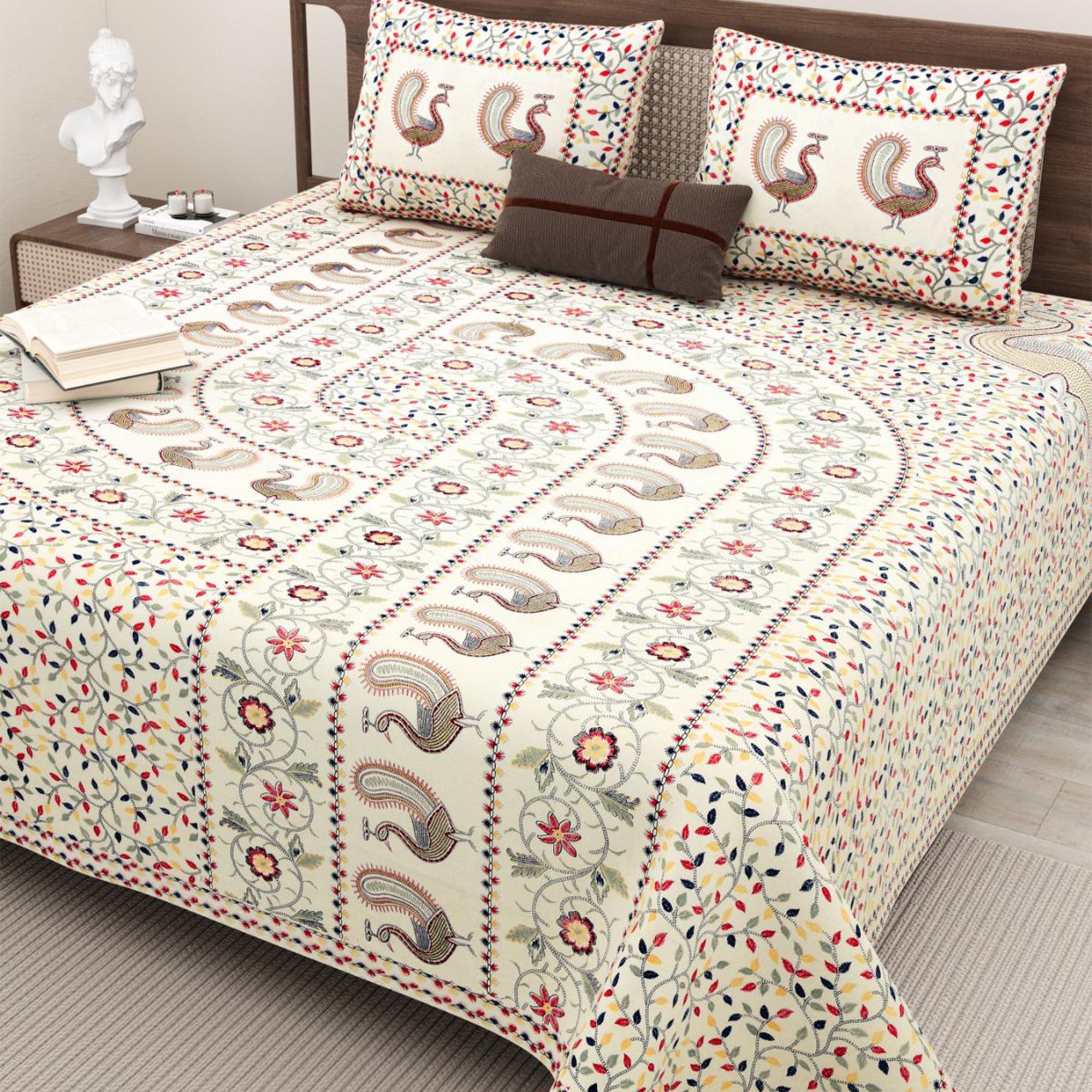 Cotton Hand Stitch Peacock Trail Bedsheet Set