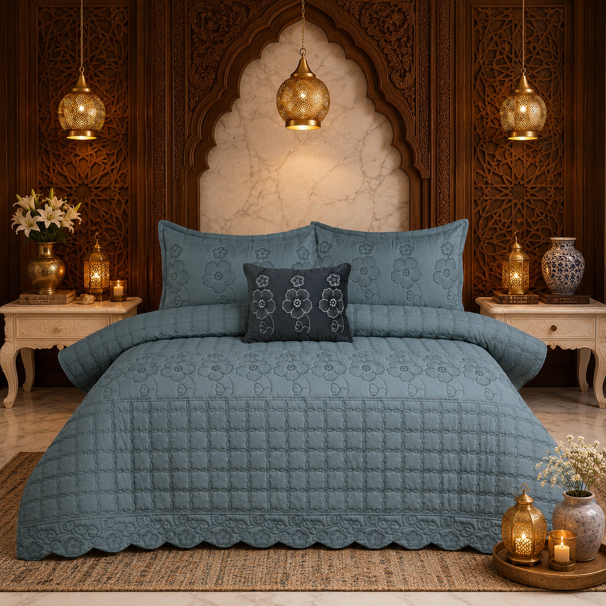 Sage Blue Rose Soft Cotton Fabric Bedding Set – 5 Pieces