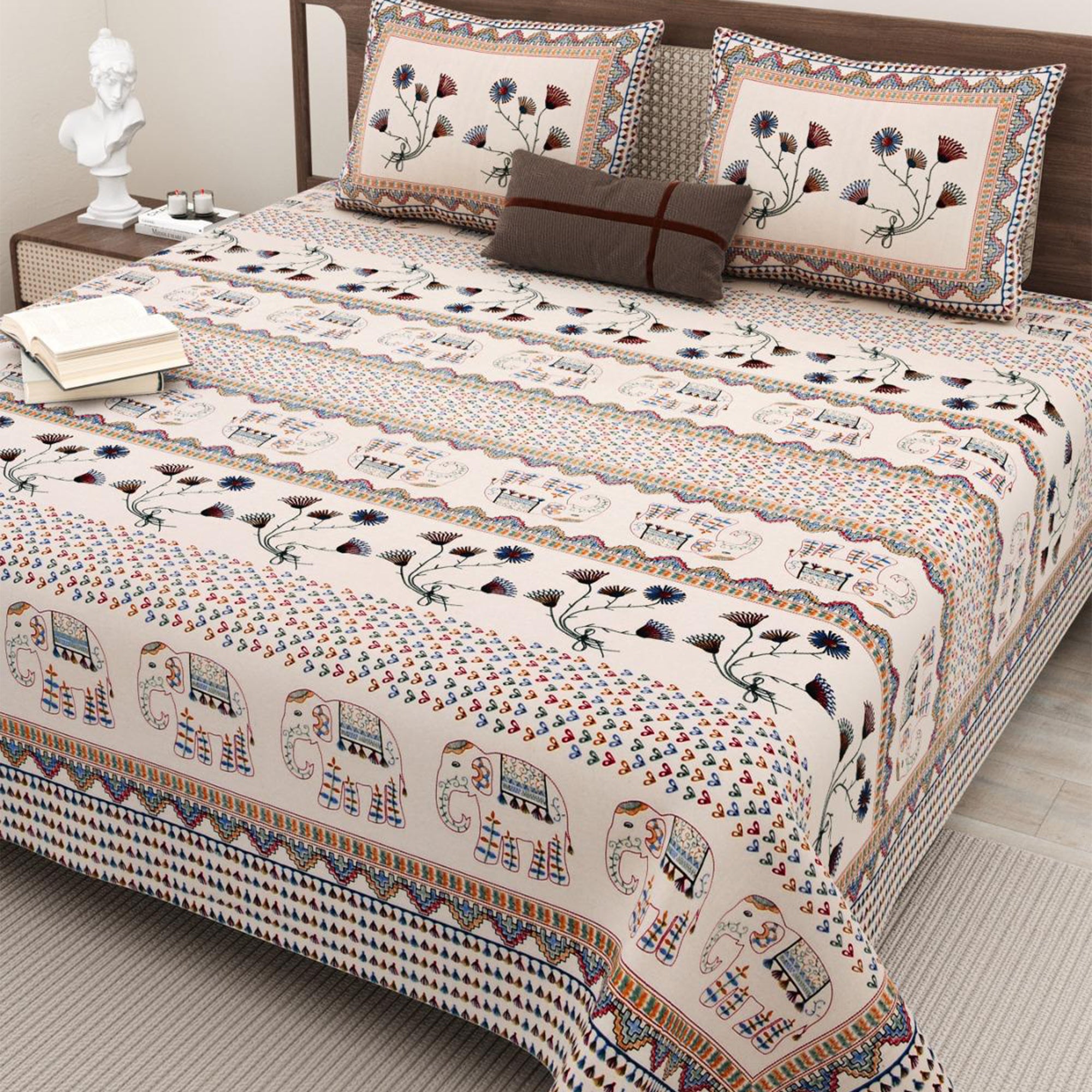 Cotton Hand Stitch Elephant Blossom Bedsheet Set