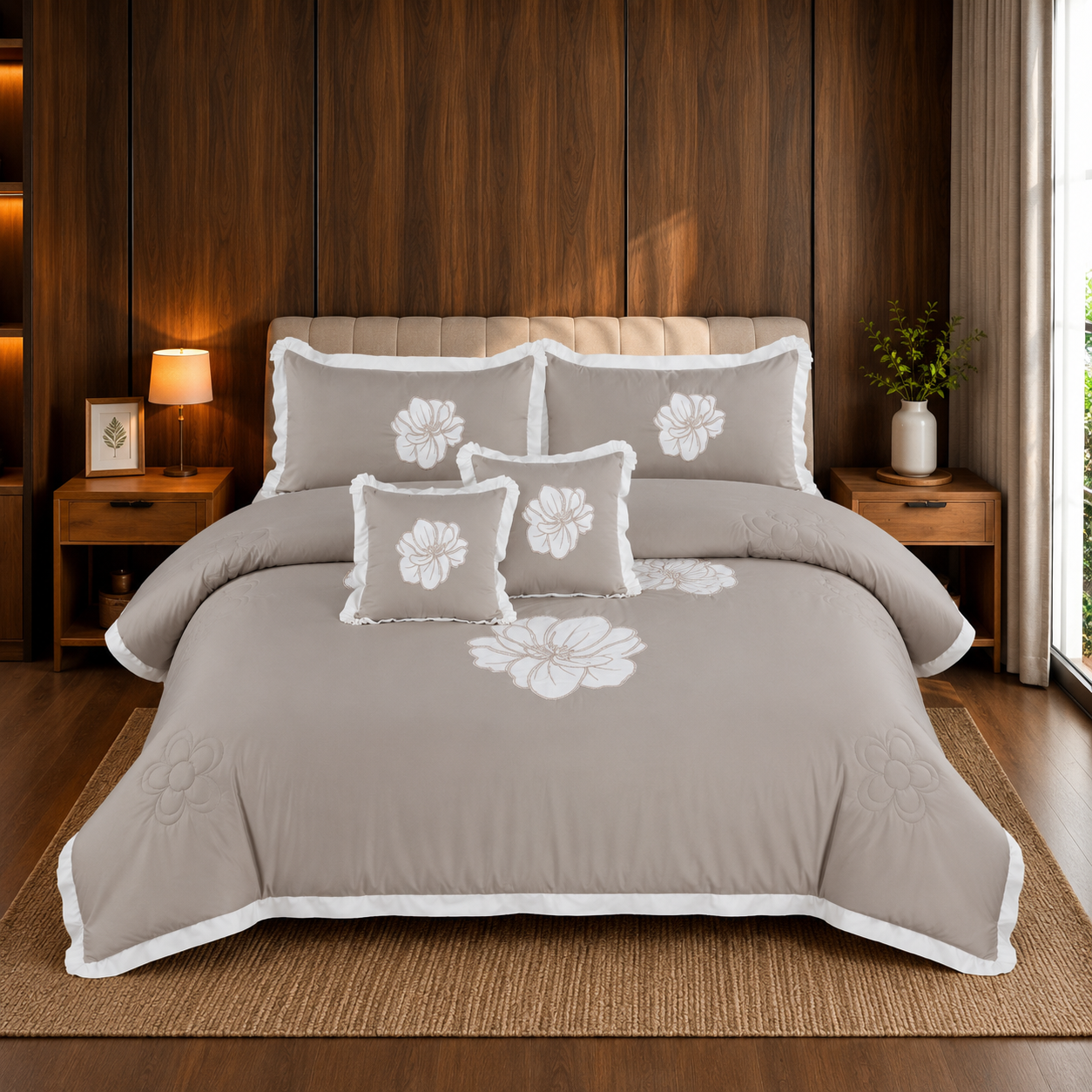 Champagne Elegance Embroidered 6 Piece Bedding Set