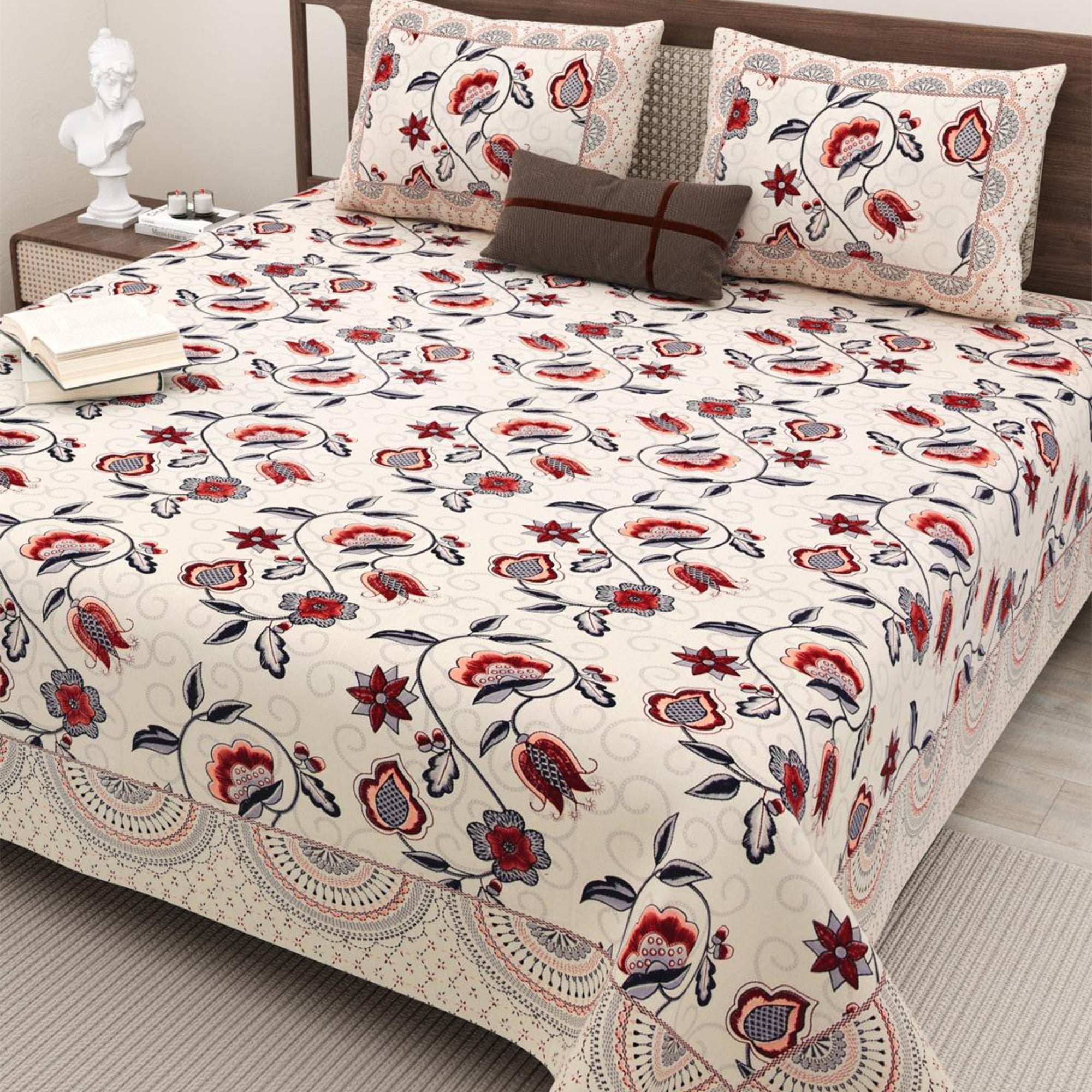 Cotton Hand Stitch Crimson Bloom Bedsheet Set