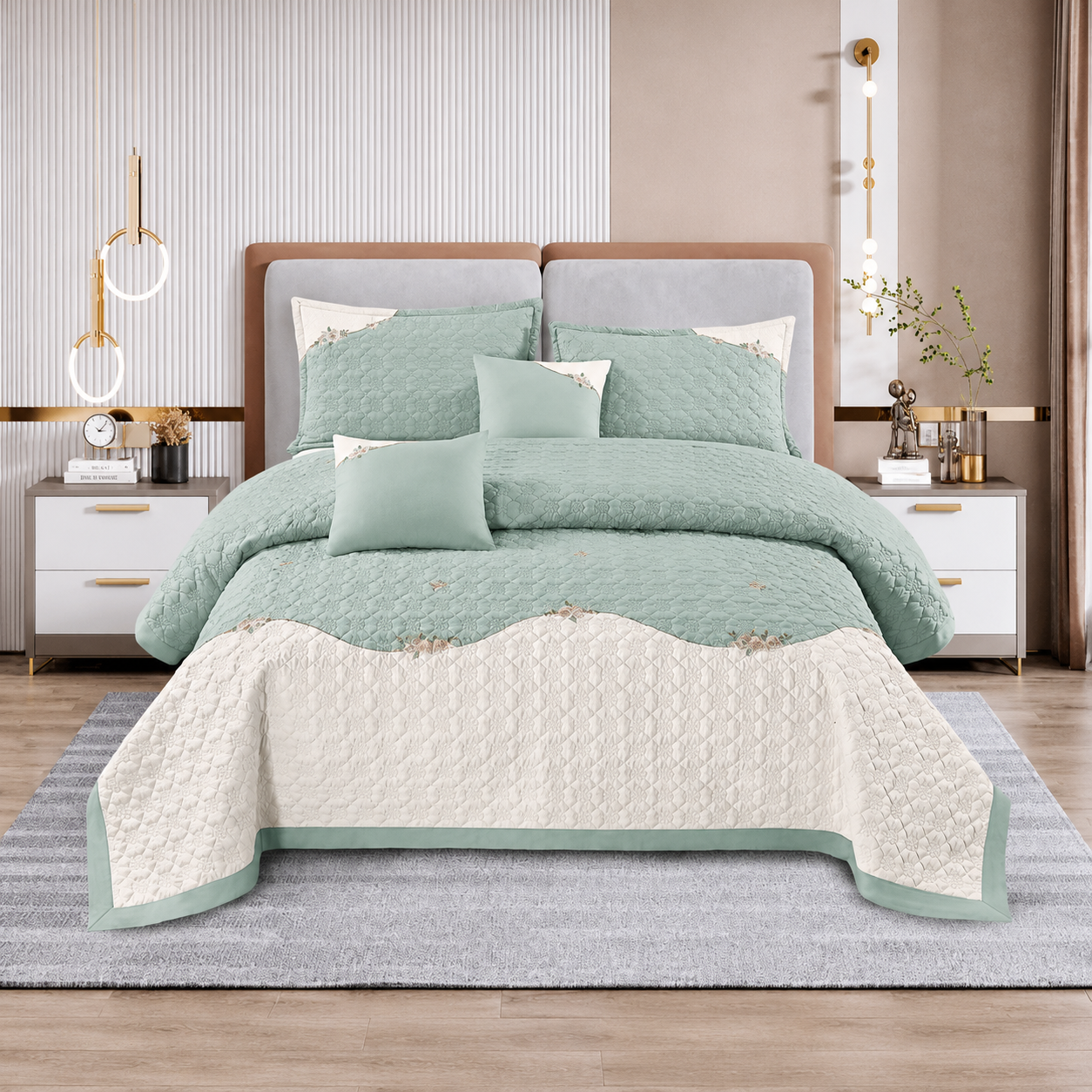 Roseberry Sage Pearl 5 Pcs Quilted Bedcover Set
