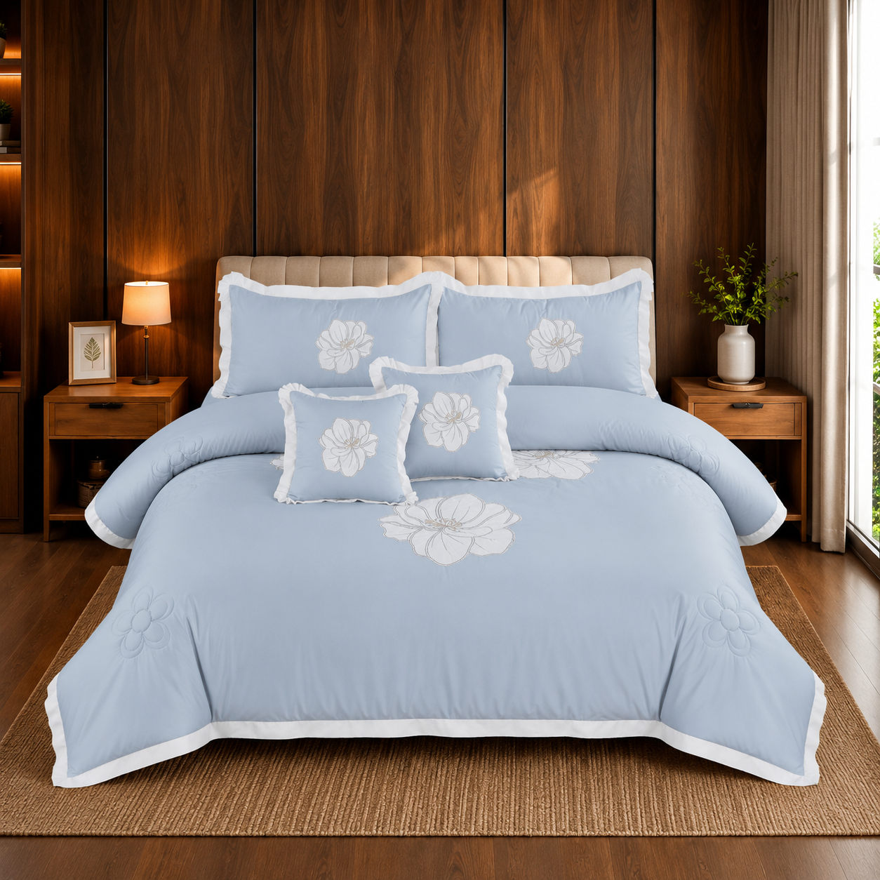 Sky Blossom Embroidered 6 Piece Bedding Set