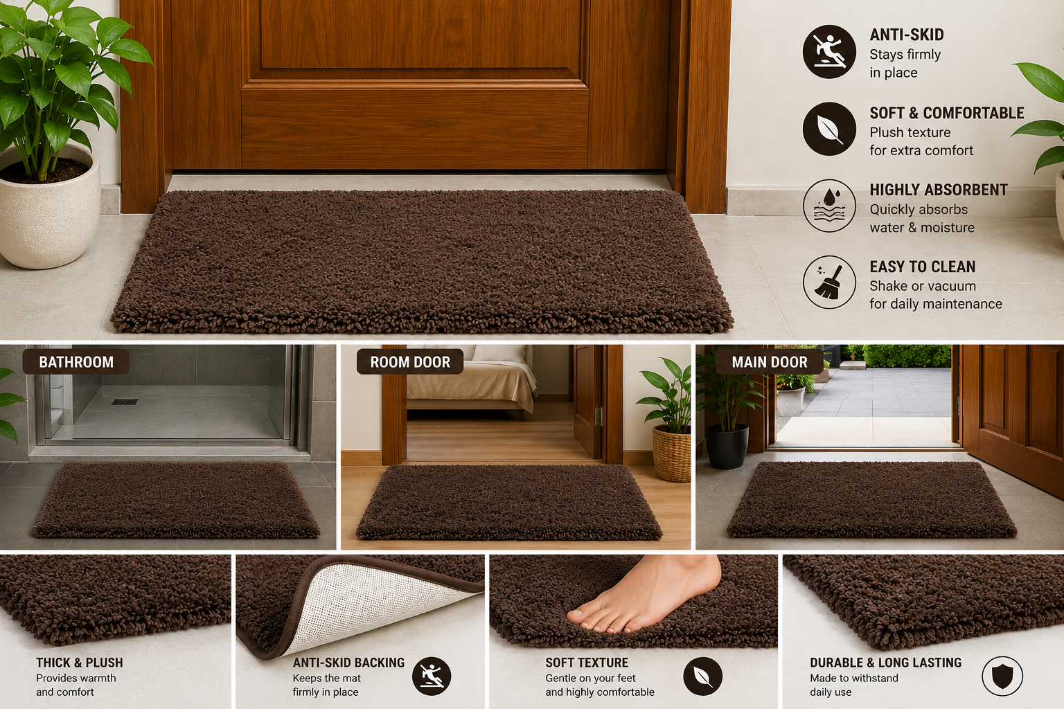 Tejas Premium Microfiber Door Mat - Coffee