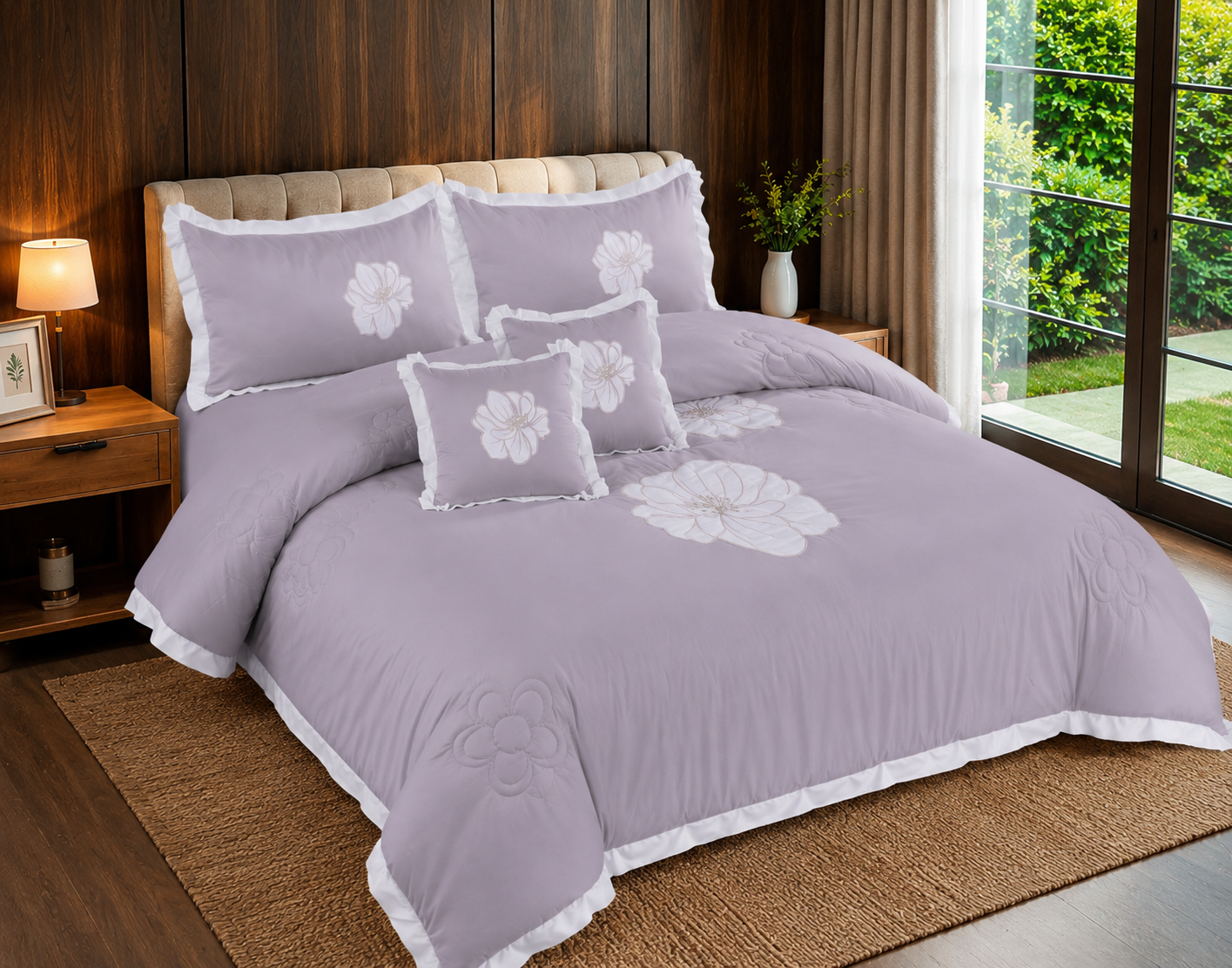 Lavender Elegance Embroidered 6 Piece Bedding Set