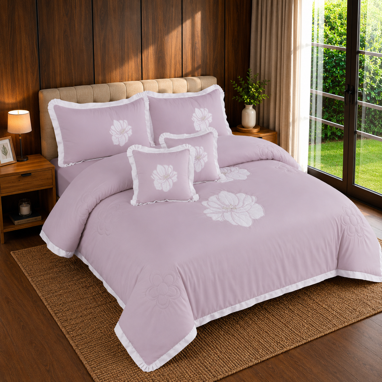 Soft Rose Embroidered 6 Piece Bedding Set