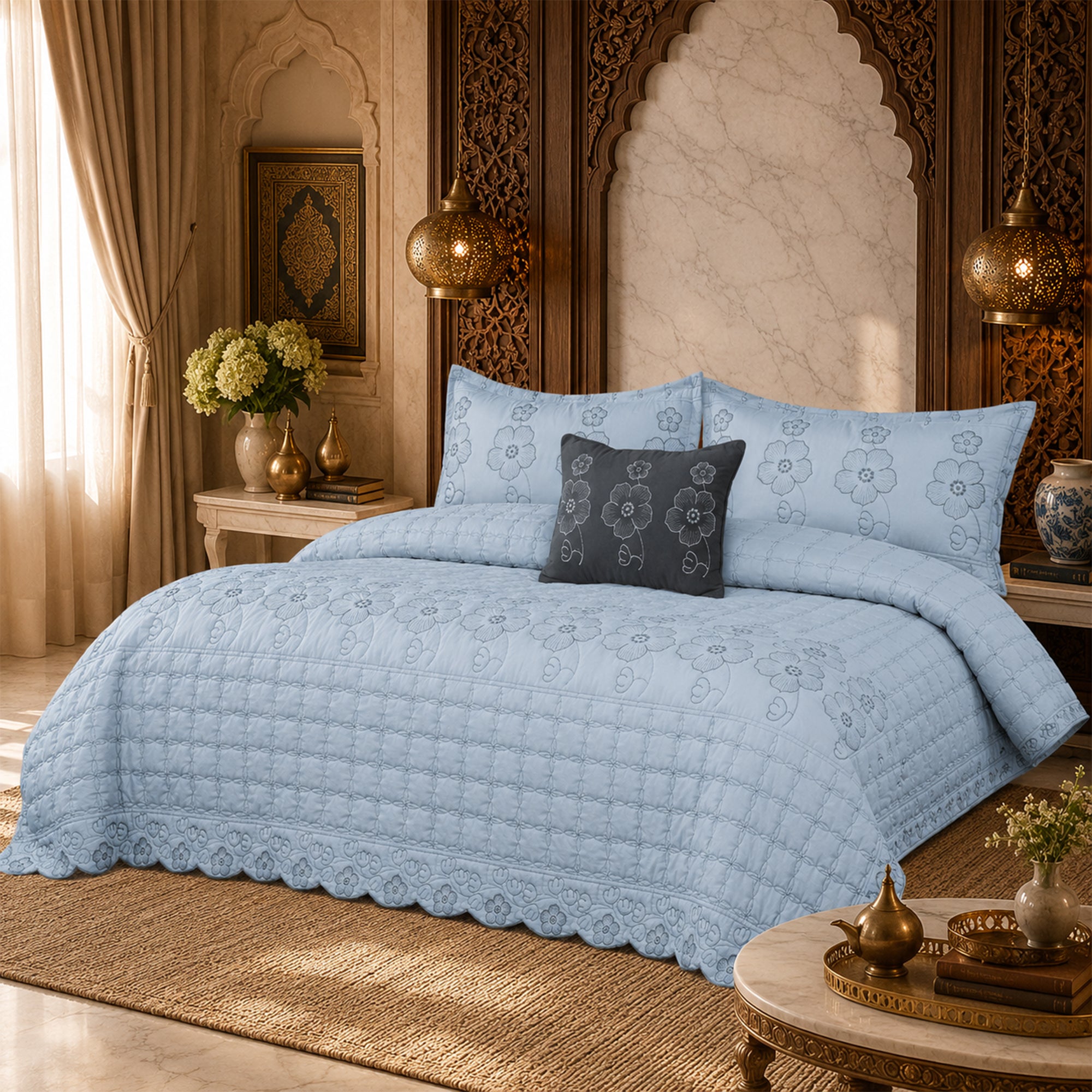 Blue Rose Soft Cotton Fabric Bedding Set – 5 Pieces