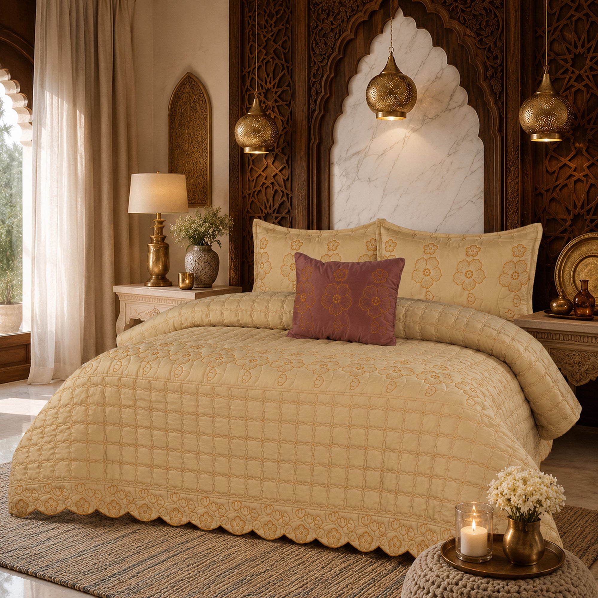 Golden Rose Soft Cotton Fabric Bedding Set – 5 Pieces