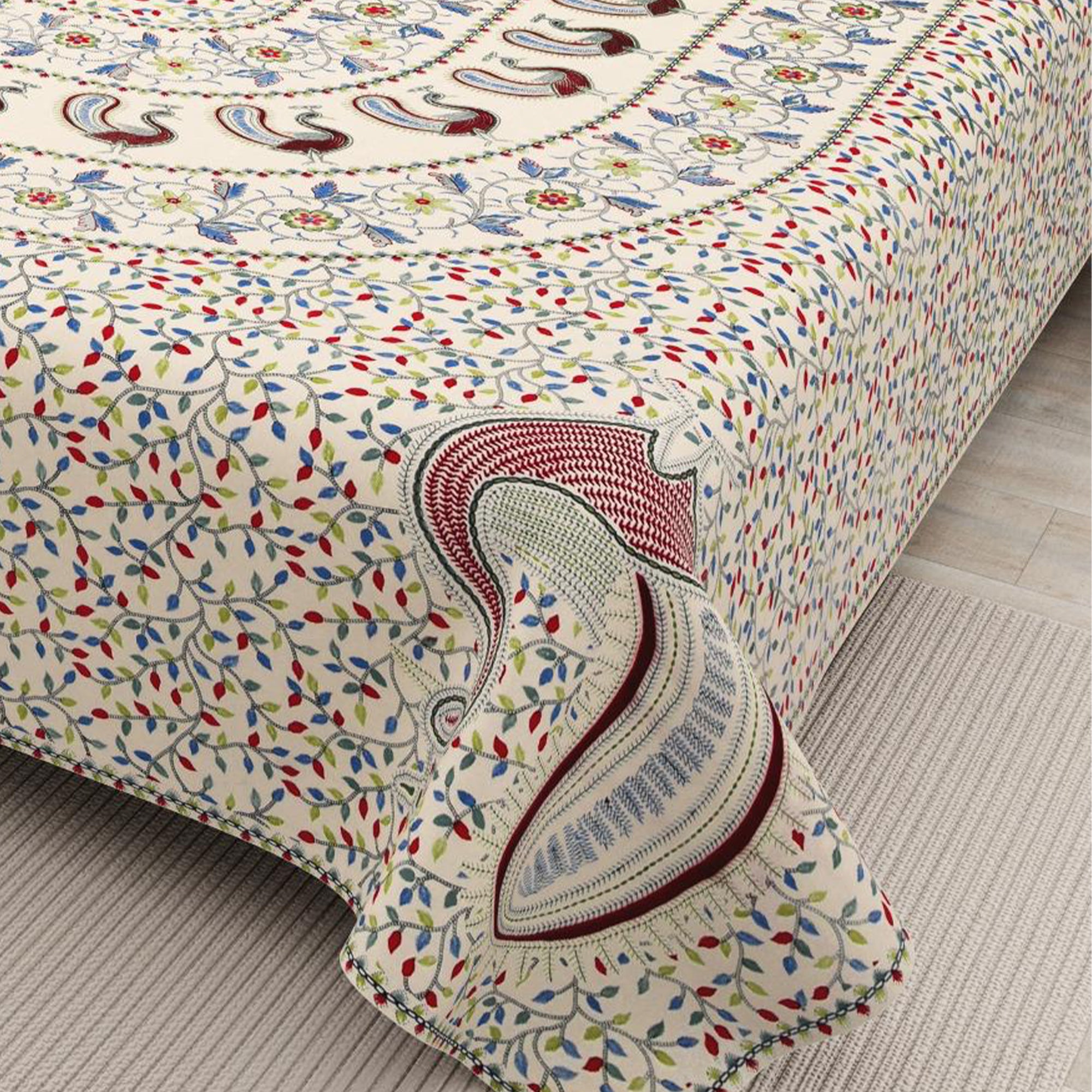 Cotton Hand Stitch Folk Peacock Bedsheet Set