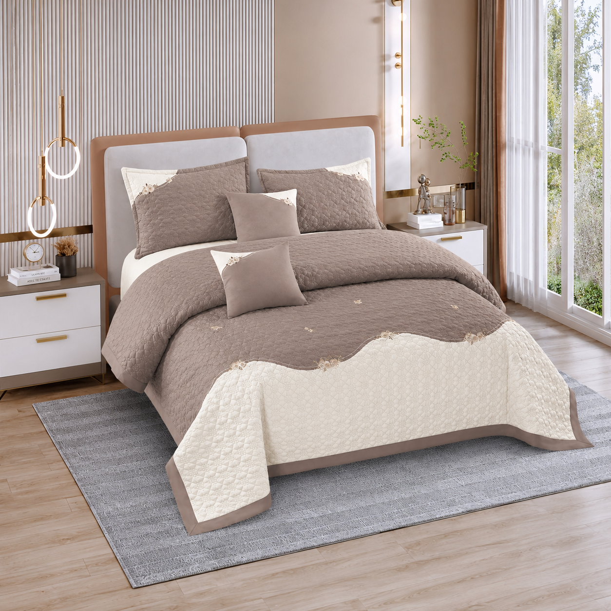 Roseberry Taupe Pearl 5 Pcs Quilted Bedcover Set