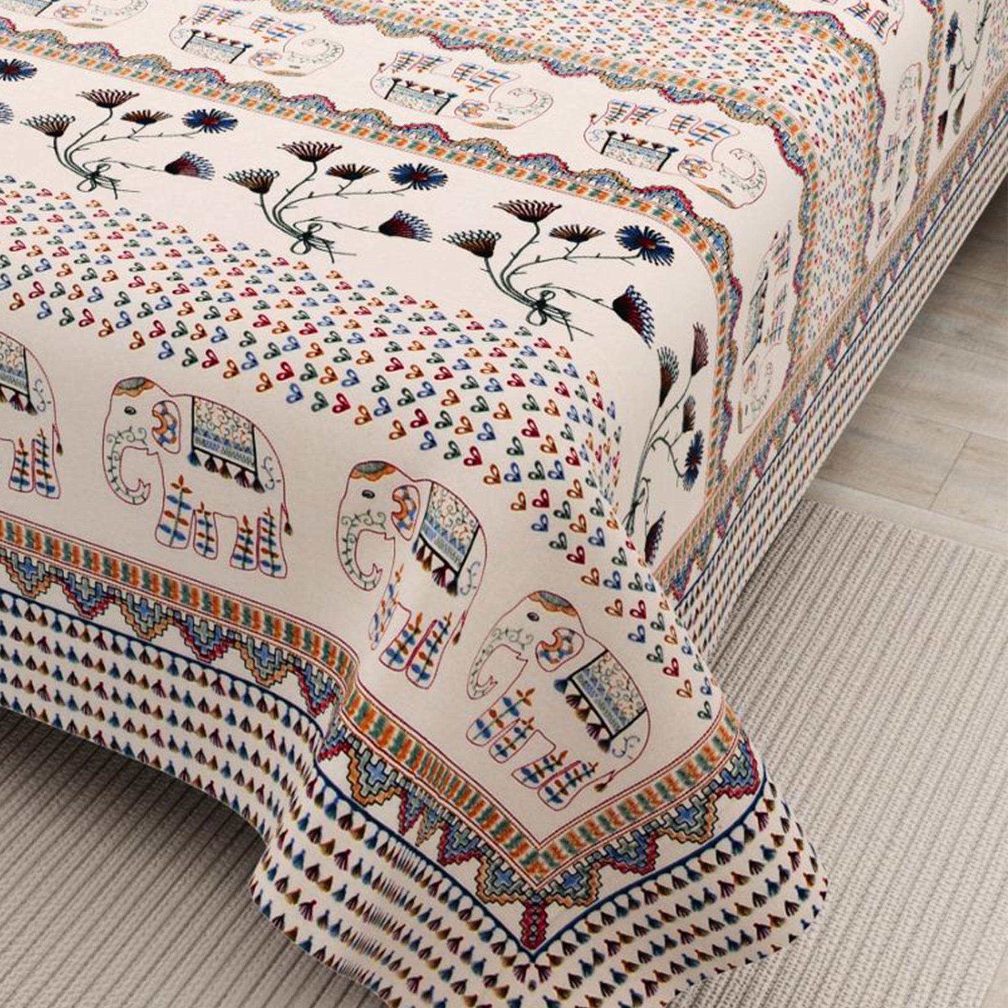 Cotton Hand Stitch Elephant Blossom Bedsheet Set