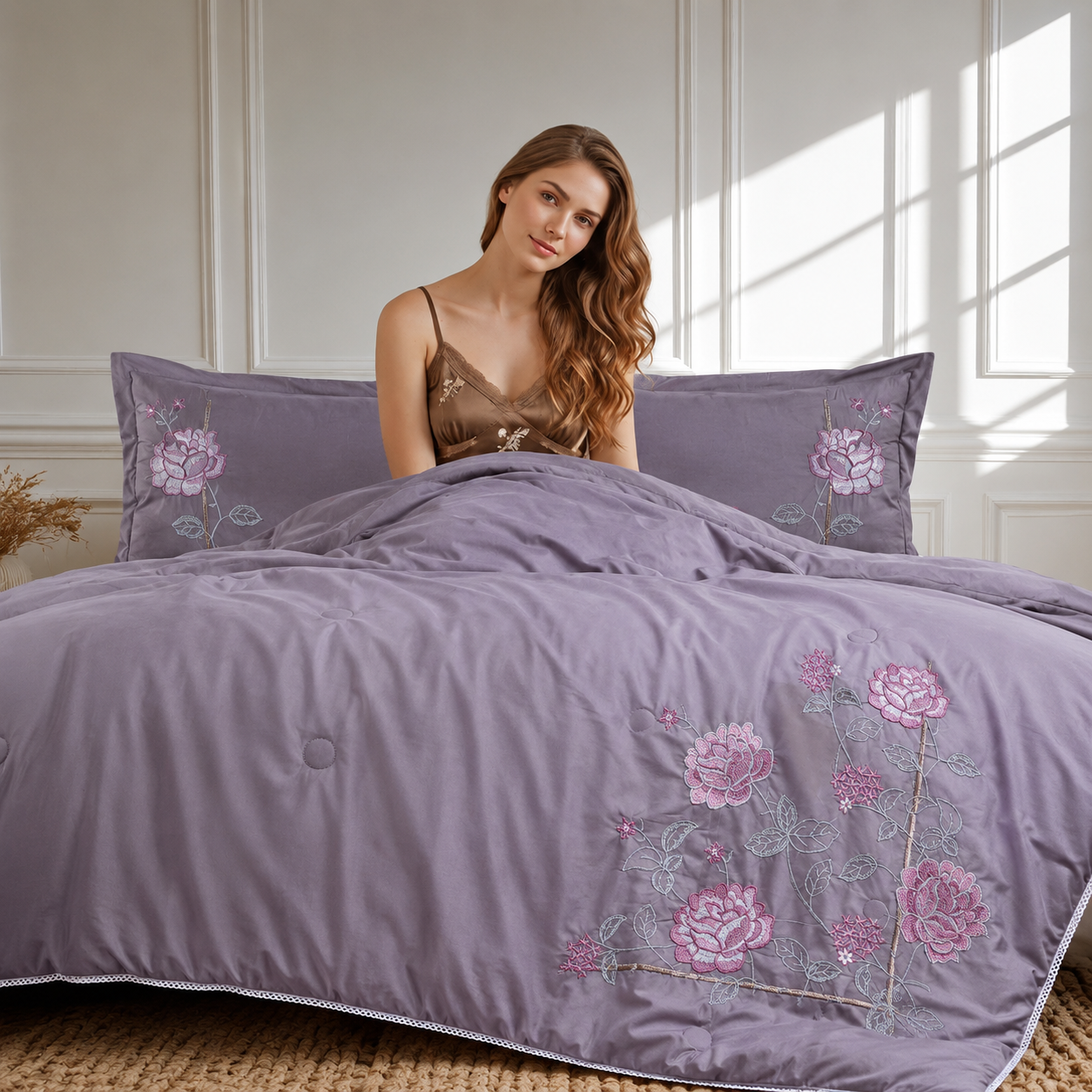 Lavender Bloom Smooth Cotton Fabric 4 Piece Bedding Set