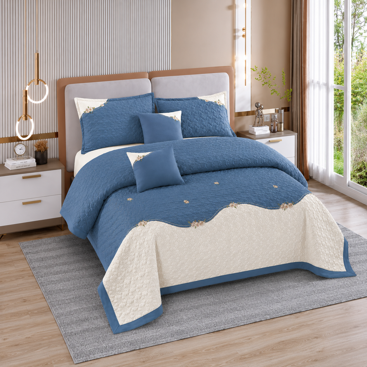 Roseberry Denim Pearl 5 Pcs Quilted Bedcover Set