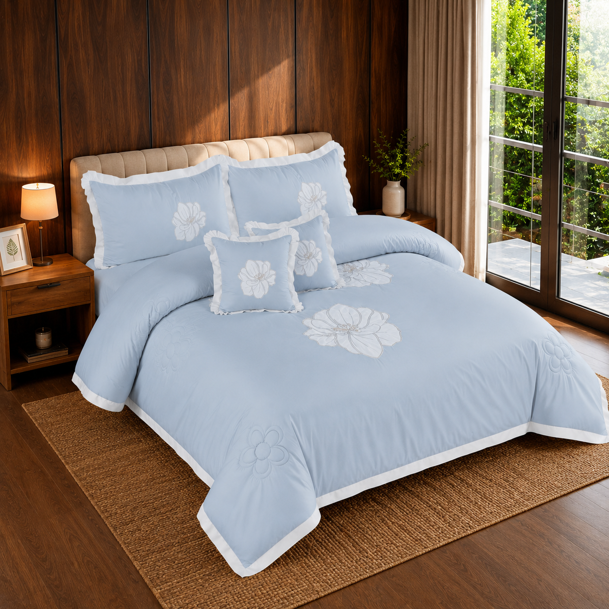 Sky Blossom Embroidered 6 Piece Bedding Set
