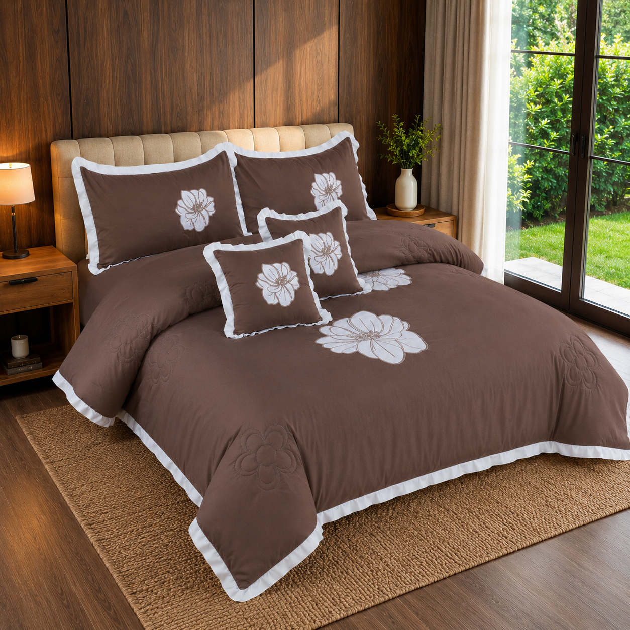 Cocoa Blossom Embroidered 6 Piece Bedding Set