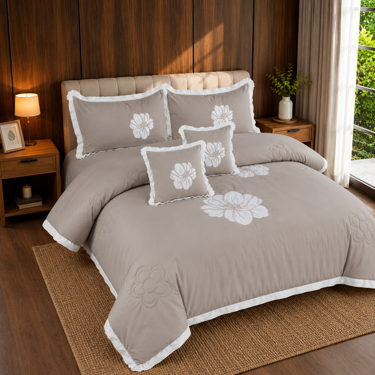 Champagne Elegance Embroidered 6 Piece Bedding Set