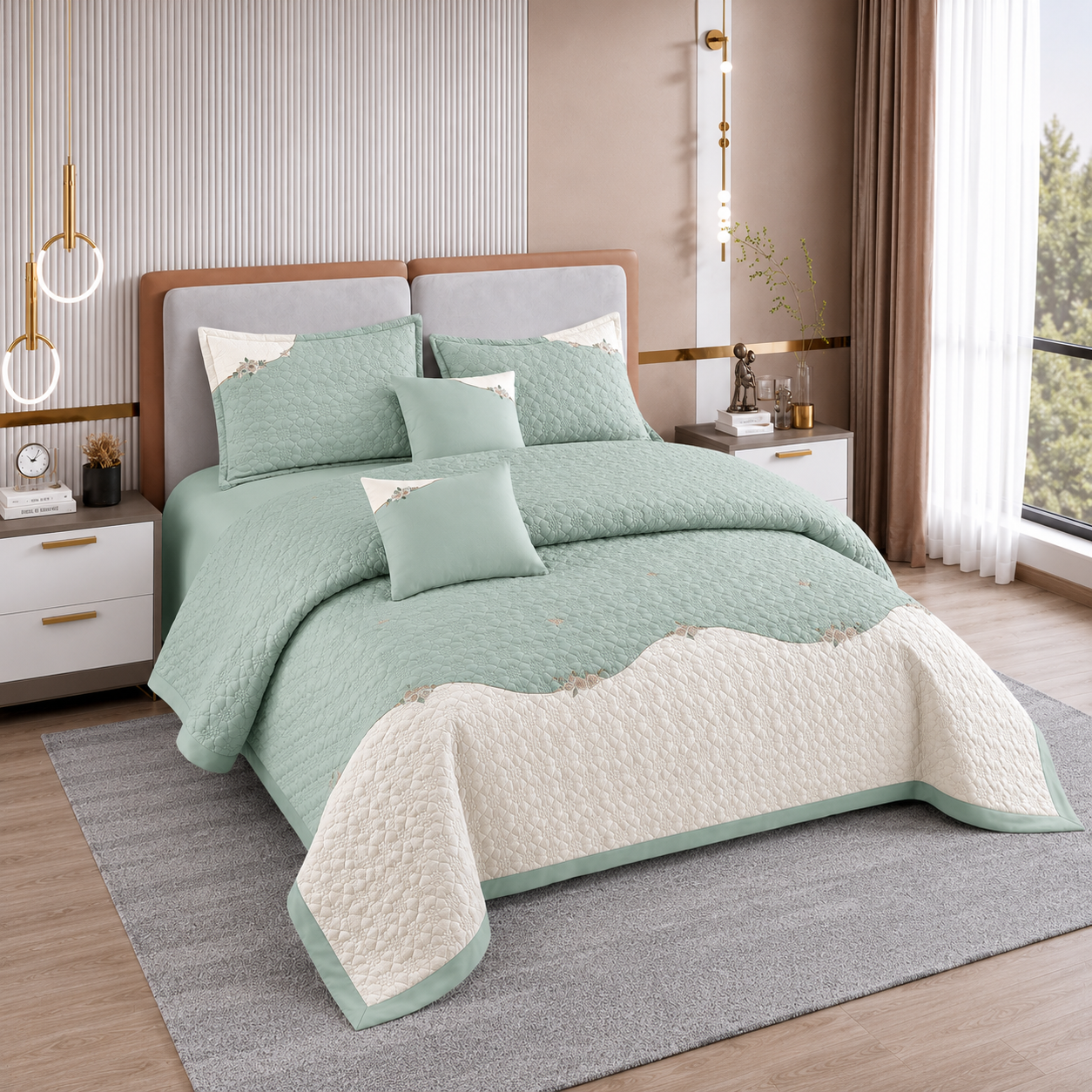 Roseberry Sage Pearl 5 Pcs Quilted Bedcover Set
