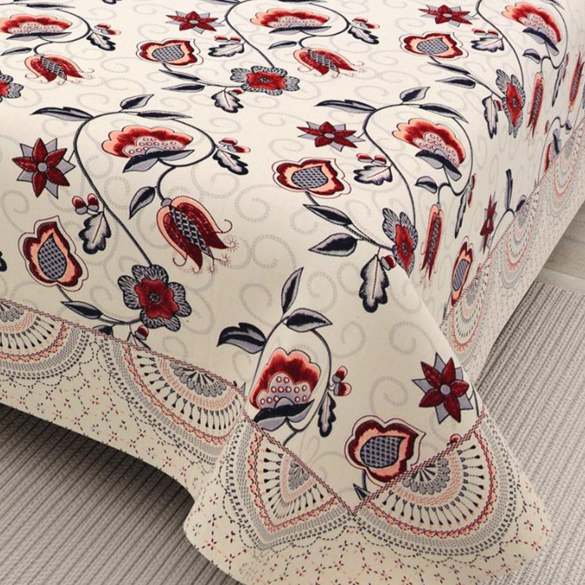 Cotton Hand Stitch Crimson Bloom Bedsheet Set
