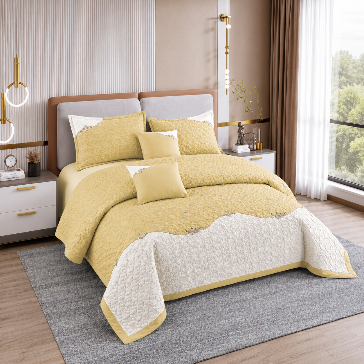 Roseberry Buttercream 5 Pcs Quilted Bedcover Set