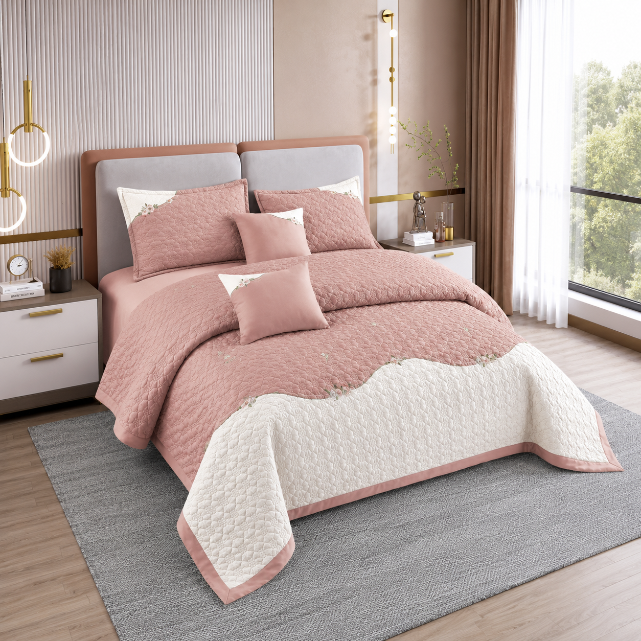Roseberry Dusty Rose 5 Pcs Quilted Bedcover Set
