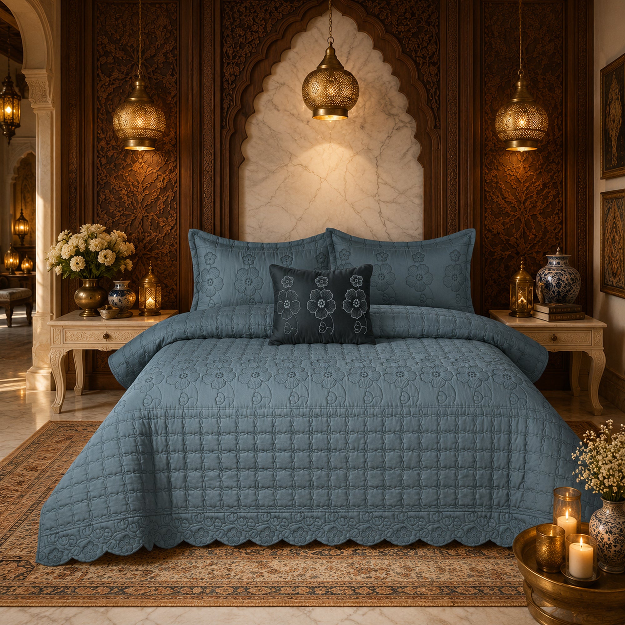 Sage Blue Rose Soft Cotton Fabric Bedding Set – 5 Pieces
