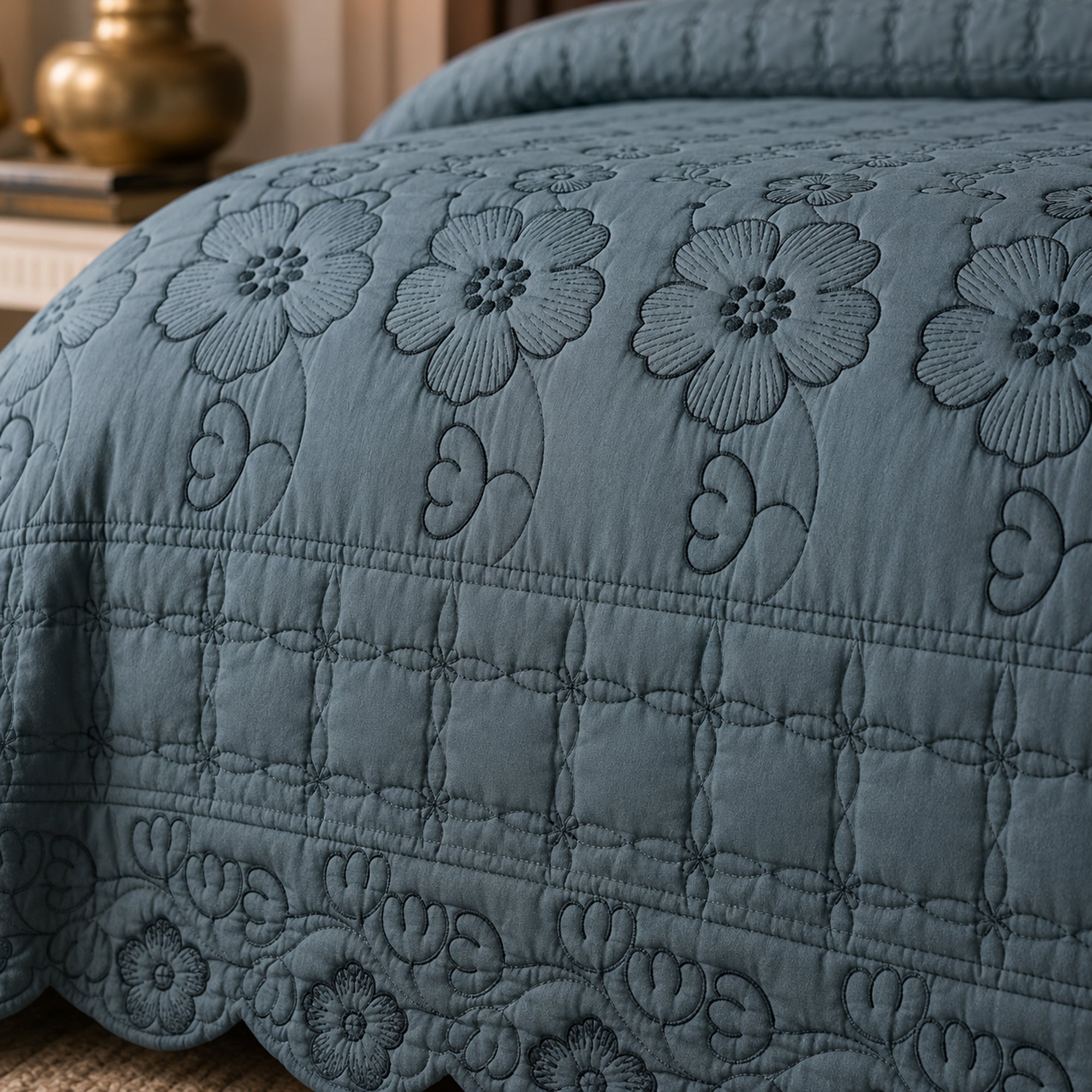 Sage Blue Rose Soft Cotton Fabric Bedding Set – 5 Pieces