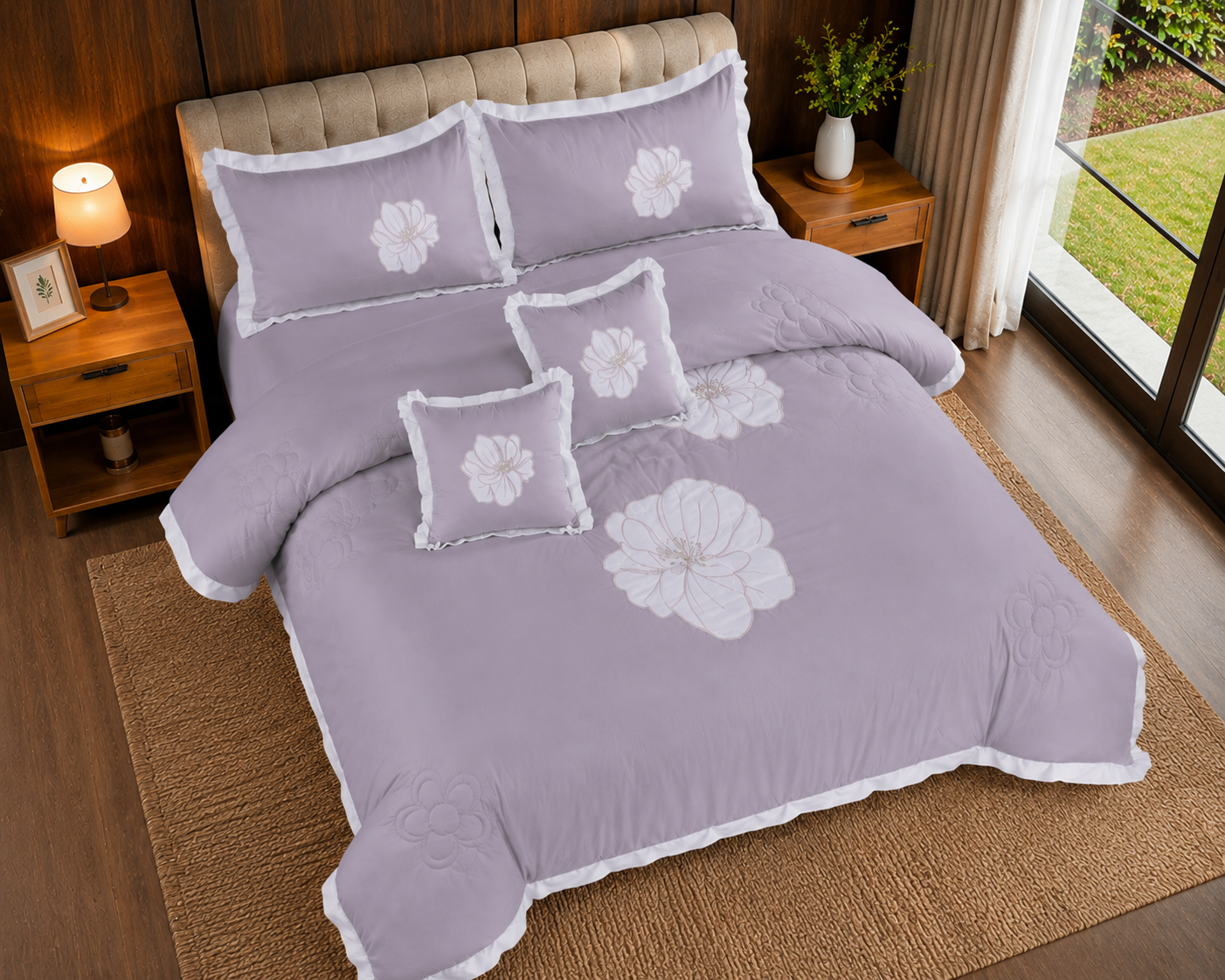 Lavender Elegance Embroidered 6 Piece Bedding Set