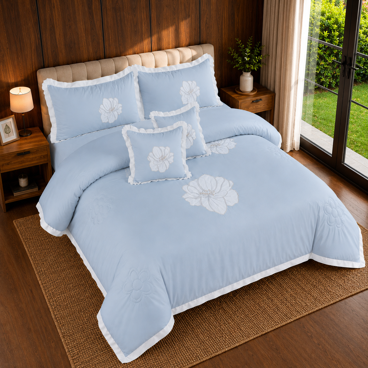 Sky Blossom Embroidered 6 Piece Bedding Set
