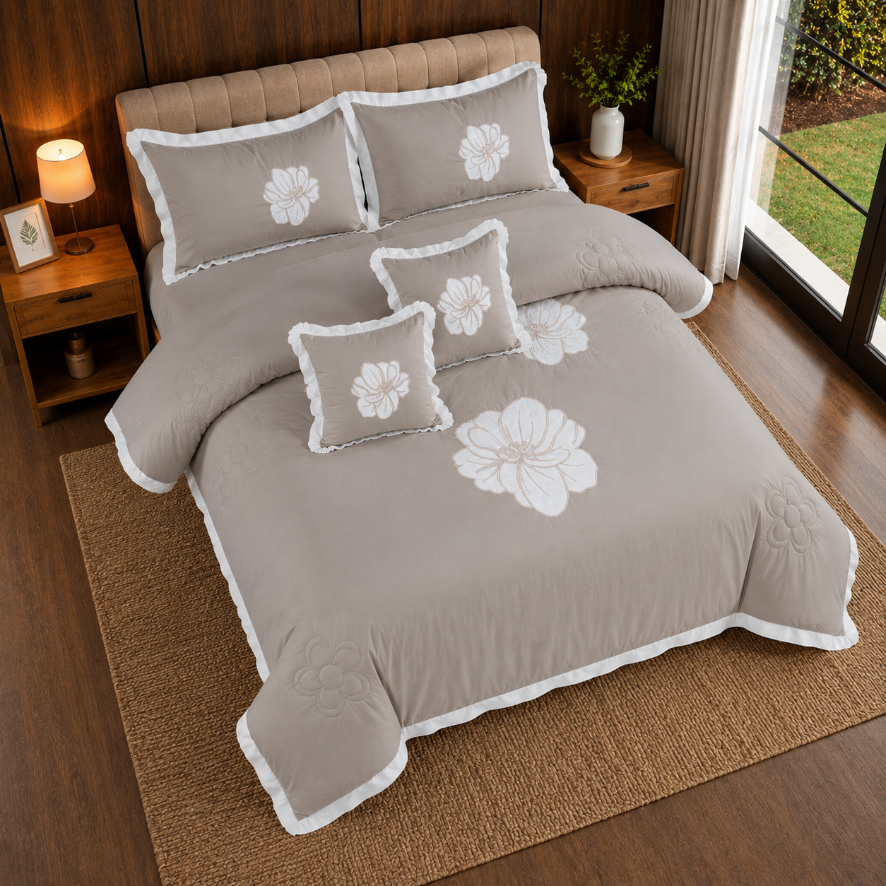 Champagne Elegance Embroidered 6 Piece Bedding Set