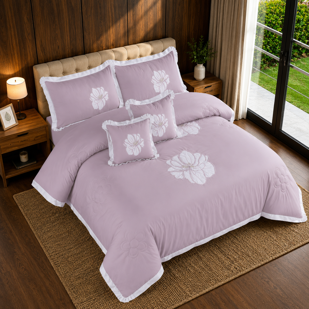 Soft Rose Embroidered 6 Piece Bedding Set