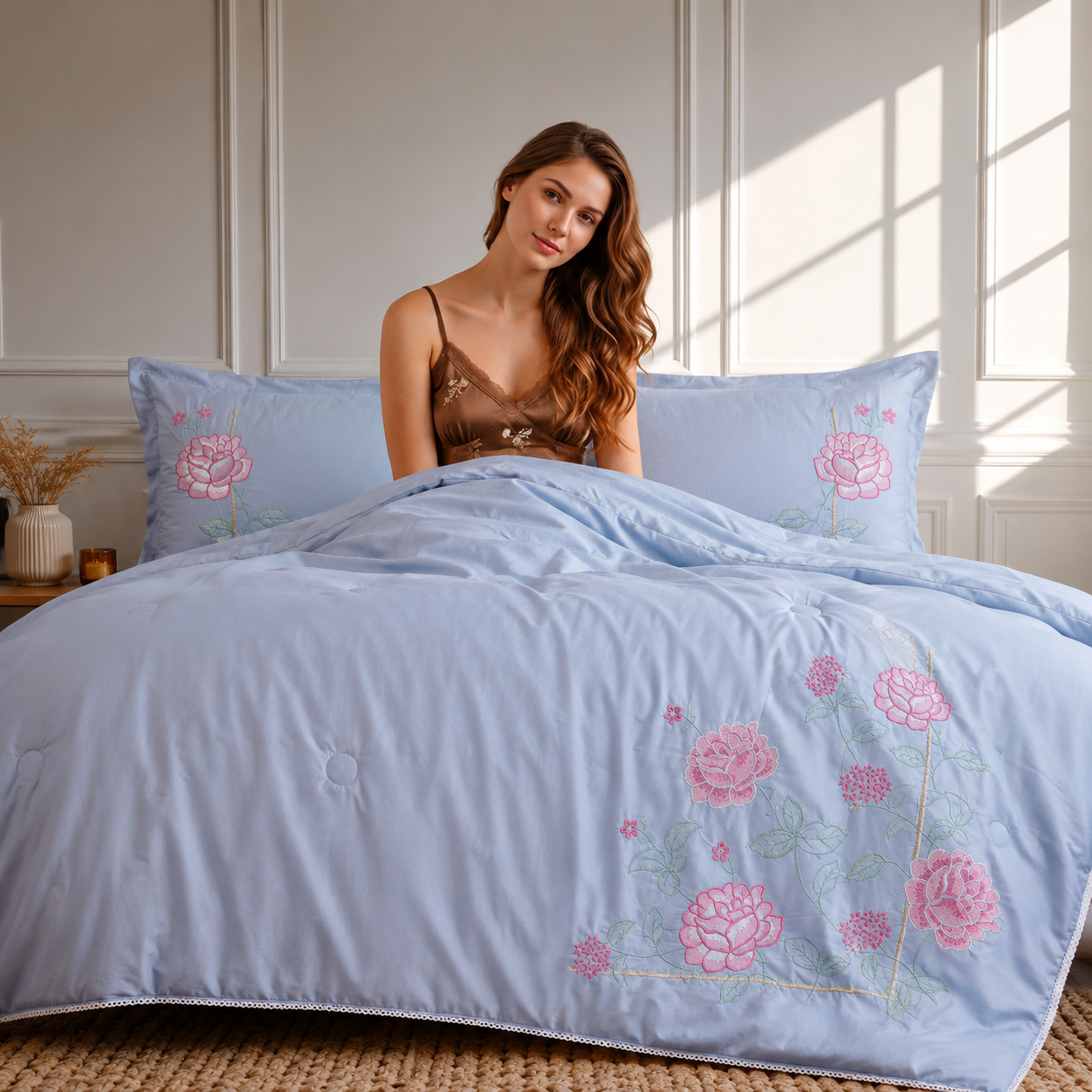 Sky Blossom Smooth Cotton Fabric 4 Piece Bedding Set