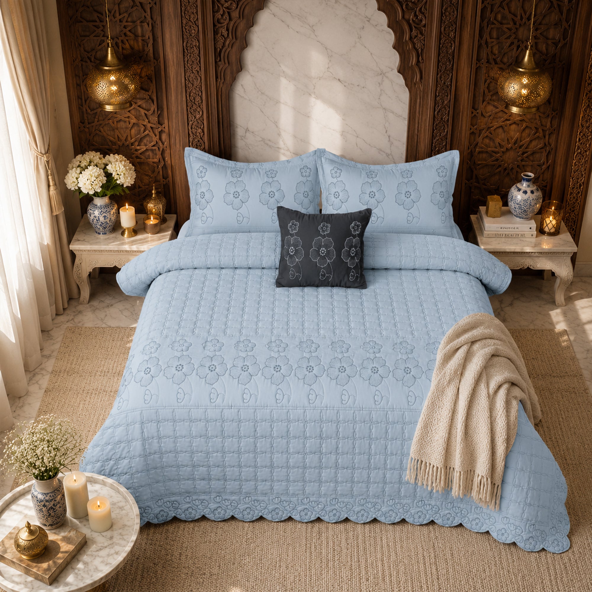 Blue Rose Soft Cotton Fabric Bedding Set – 5 Pieces