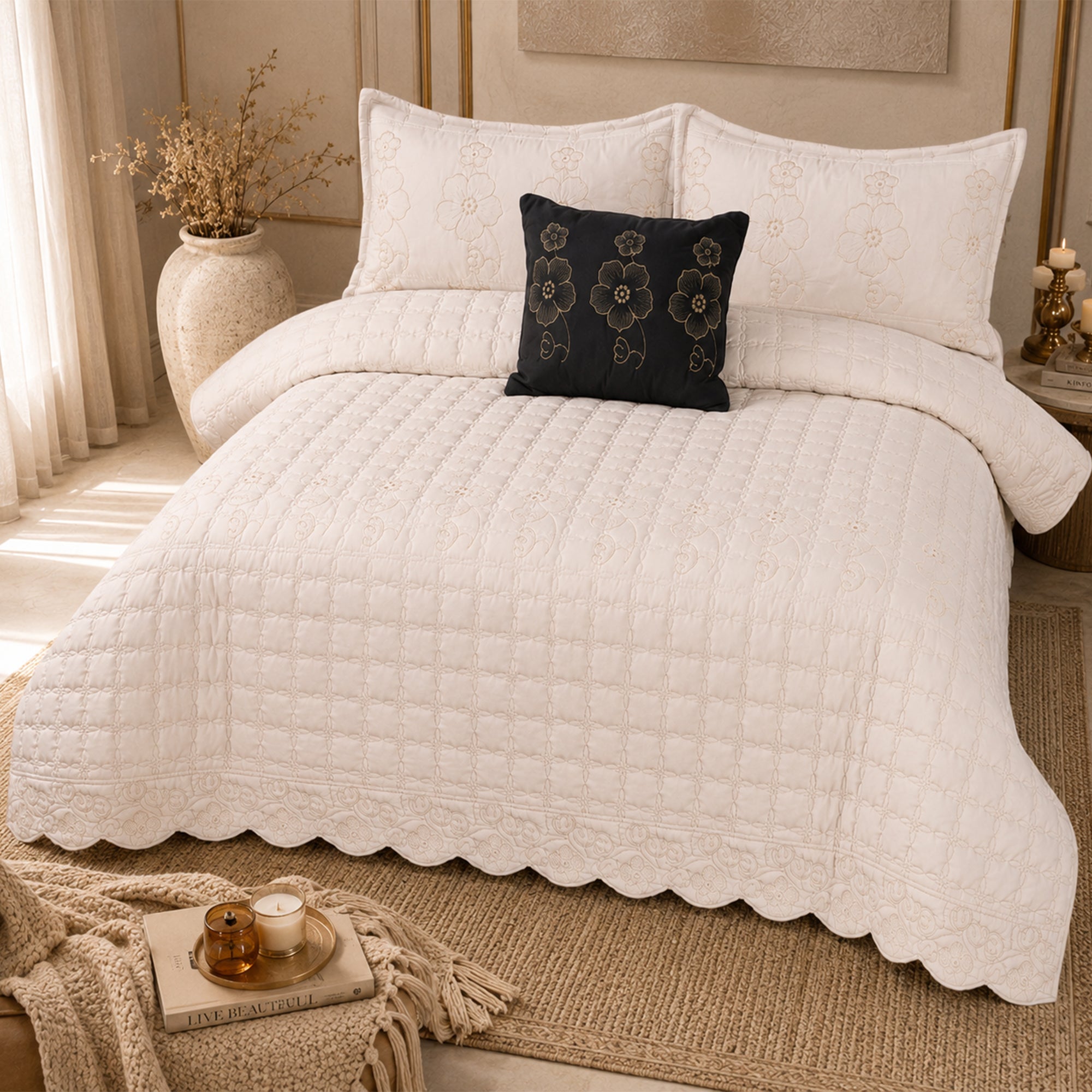 Rose Ivory Soft Cotton Fabric Bedding Set – 5 Pieces